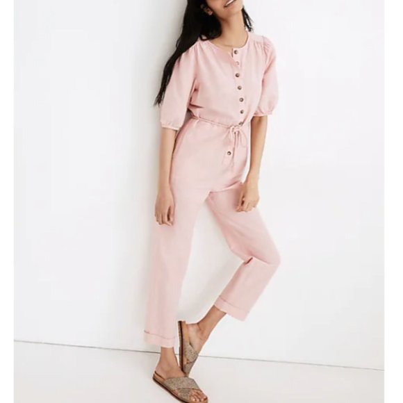 MADEWELL Pink Linen Blend Puff-‎ Sleeve Jumpsuit - Picture 1 of 7